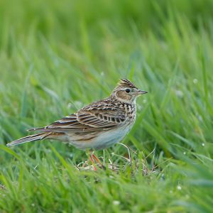 APRIL:  De Veldleeuwerik (Alauda arvensis) is een zangvogel uit de familie van leeuweriken (Alaudidae). Kenmerkend is dat hij al zingend naar grote hoogte stijgt, daar enige momenten zingend rondvliegt om vervolgens in stilte te dalen. De vogel bakent zo zijn territorium af.